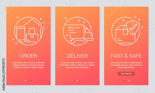 Online delivery concept onboarding app screens. Modern and simplified vector illustration walkthrough screens template for mobile apps.