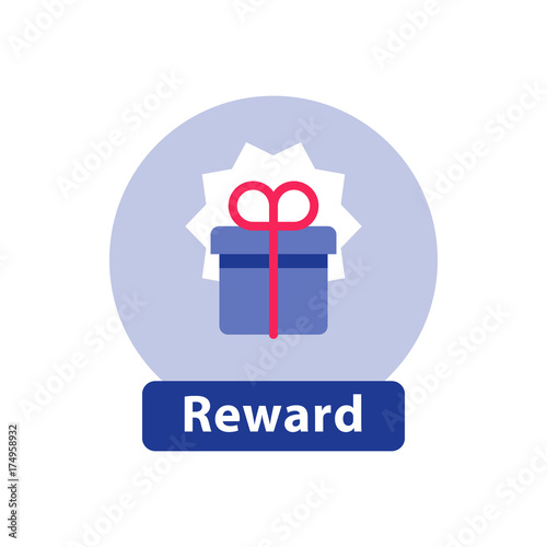 Loyalty reward, surprising gift box, super present, win prize, flat icon