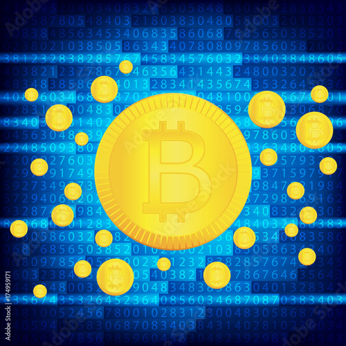 Crypto currency golden coin . Abstract virtual money on blue background .Digital matrix of deducting money . Use for logos, print products or other design. . Eps 10 vector illustration