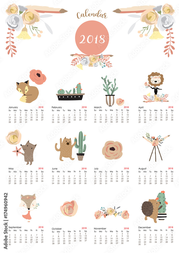 Colorful cute monthly calendar 2018 with fox,bear,cactus,wreath,flower and porcupine.Can be used for web,banner,poster,label and printable