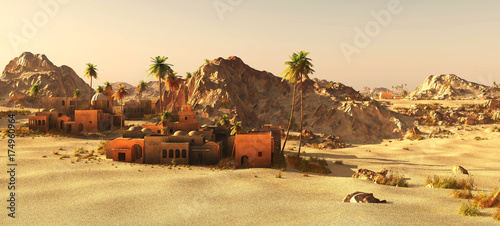 Arabic community on wasteland, 3d rendering