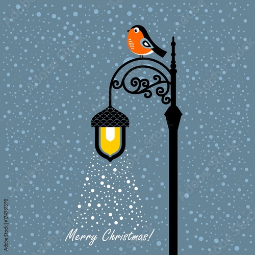 Christmas card with bullfinch and lantern
