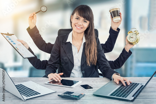 Multitask business woman with many hands.
