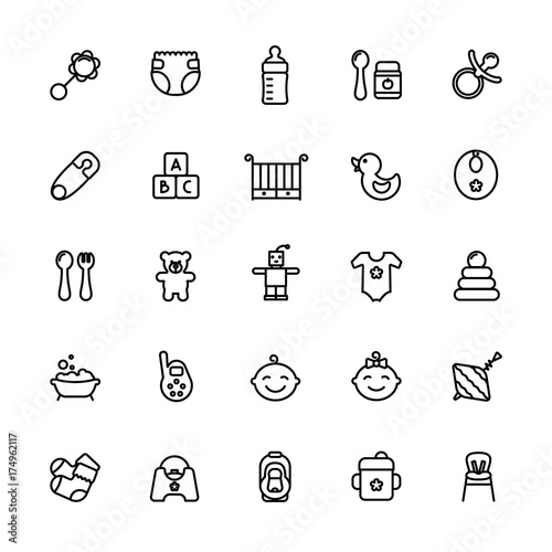 Baby care thin line icon set. Outline stroke feeding, game, bathing pictograms. Bottle, nipple, crib, booties and other baby accessories