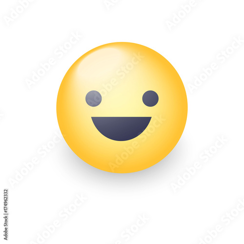Fun yellow cartoon emoji face with smile and open eyes. Cute happy emoticon. Realistic smiley.