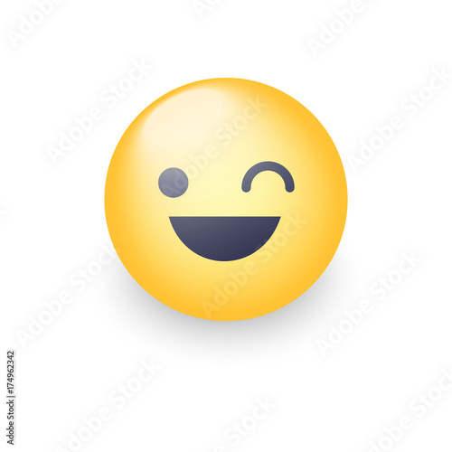 Winking fun cartoon emoji face. Wink and smile happy emoticon. Laughing smiley for chat and app