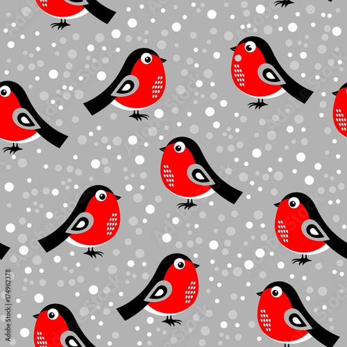 Christmas pattern with bullfinches. Vector illustration