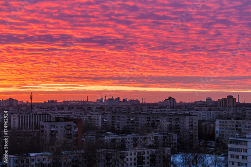 Aerial view of commuter town of Saint Petersburg with beautiful sky at sunset, Russia