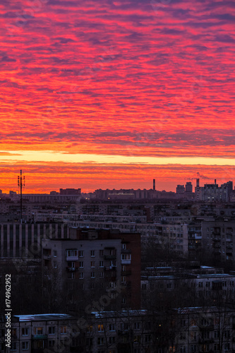 Aerial view of commuter town of Saint Petersburg with beautiful sky at sunset, Russia