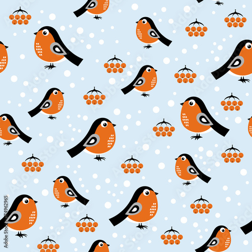 Christmas pattern with bullfinches. Vector illustration