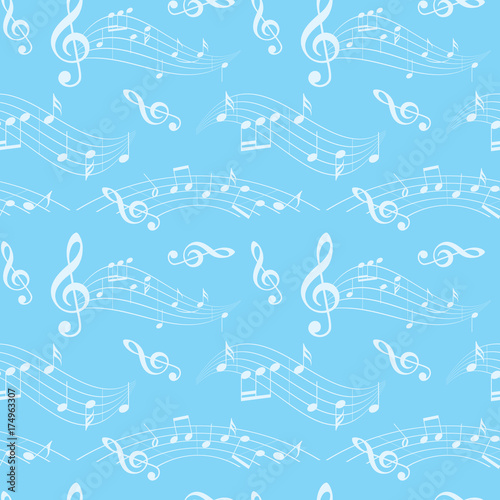 light blue seamless pattern with music notes - vector background