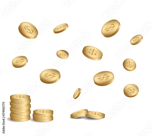 dollars in stacks and falling down - vector coins