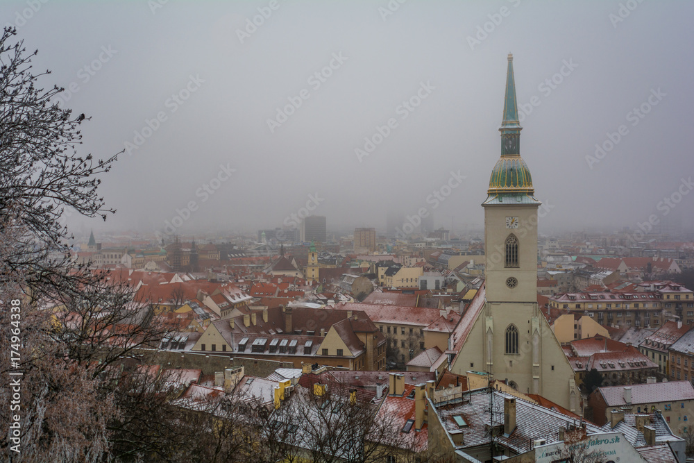 Snowy winter morning view from Bratislava Castle, Slovakia.