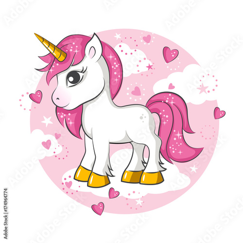 Cute magical unicorn. Vector design on white background. Print for t-shirt. Romantic hand drawing illustration for children.