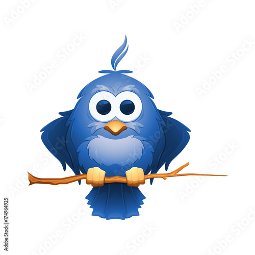 Cartoon blue bird sits on a branch. Cute little starling. Vector illustration.