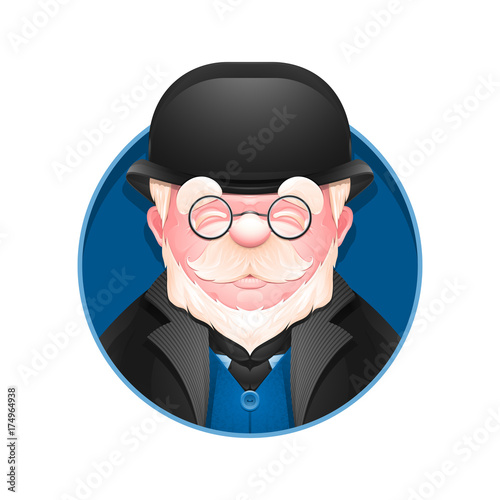 Avatar icon. Portrait of adult business man in bowler hat. Cartoon englishman. Vector illustration.