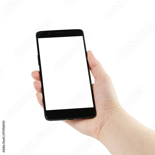 smartphone with white screen in young female hand isolated on white