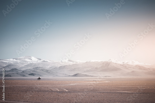 Lonely horseman in mountain desert.