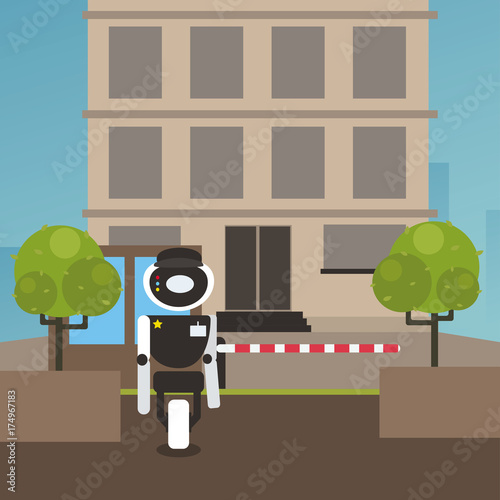 Domestic robot security guard standing at entrance gate of society building. Personal robot assistance futuristic concept illustration vector.