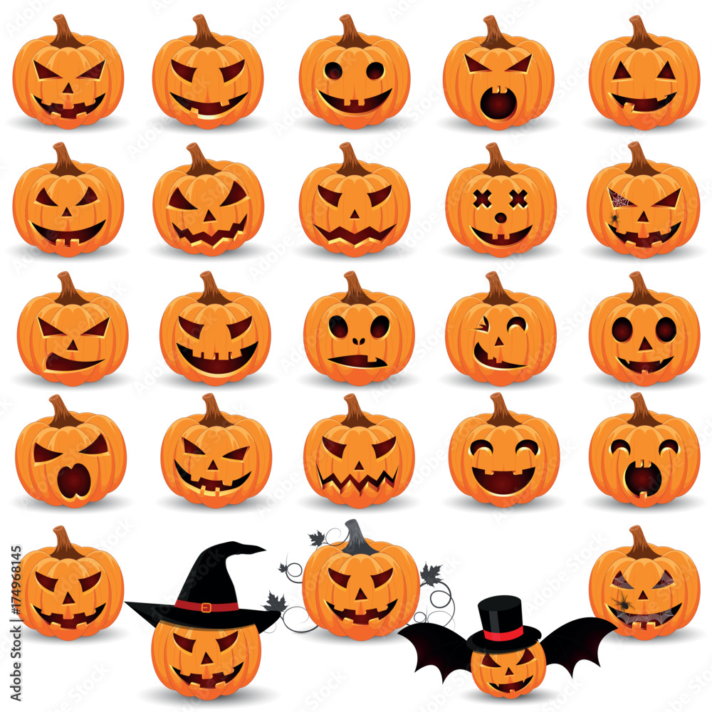 Set pumpkin on white background. The main symbol of the Happy Halloween holiday. Orange pumpkin with smile for your design for the holiday Halloween. Vector illustration. - obrazy, fototapety, plakaty 