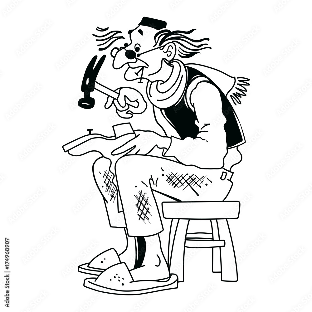 Fototapeta premium An old shoemaker sitting on a stool and repairing shoes