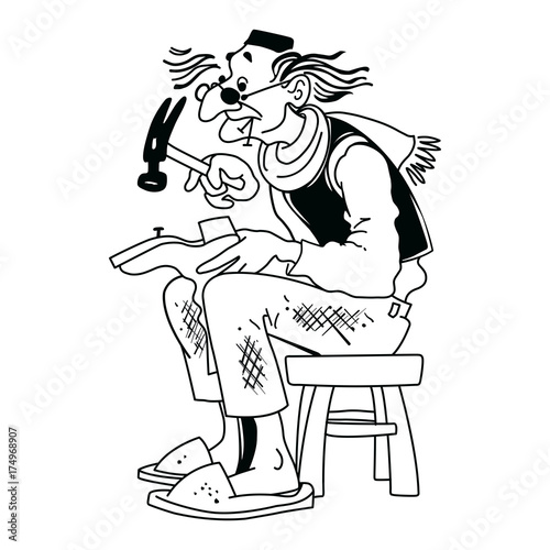 An old shoemaker sitting on a stool and repairing shoes