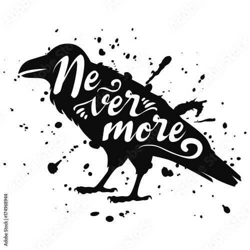 Vector isolated silhouette of a sitting raven, crow. Black bird design with text nevermore, ink splashes photo