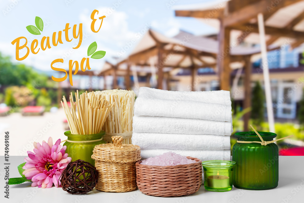 Composition of spa treatment on wooden table