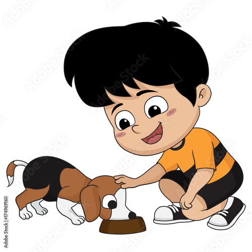 The children feed the dog, a friend of his beloved.