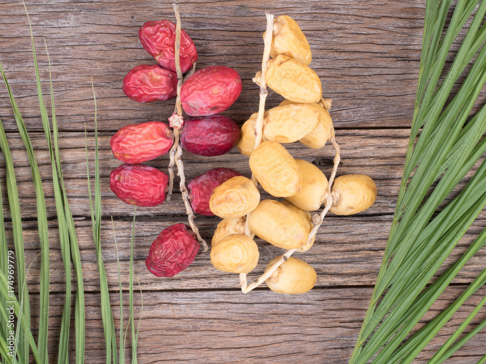 close up shot on dates, sweet dried fruits on wooden background