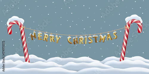 Christmas postcard template. Merry Christmas golden letters hanging between red candy canes on snowing winter background. Vector illustration.