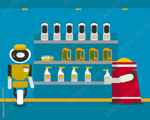Domestic robot purchasing household chemical goods at local store. Personal robot housekeeper futuristic concept illustration vector.