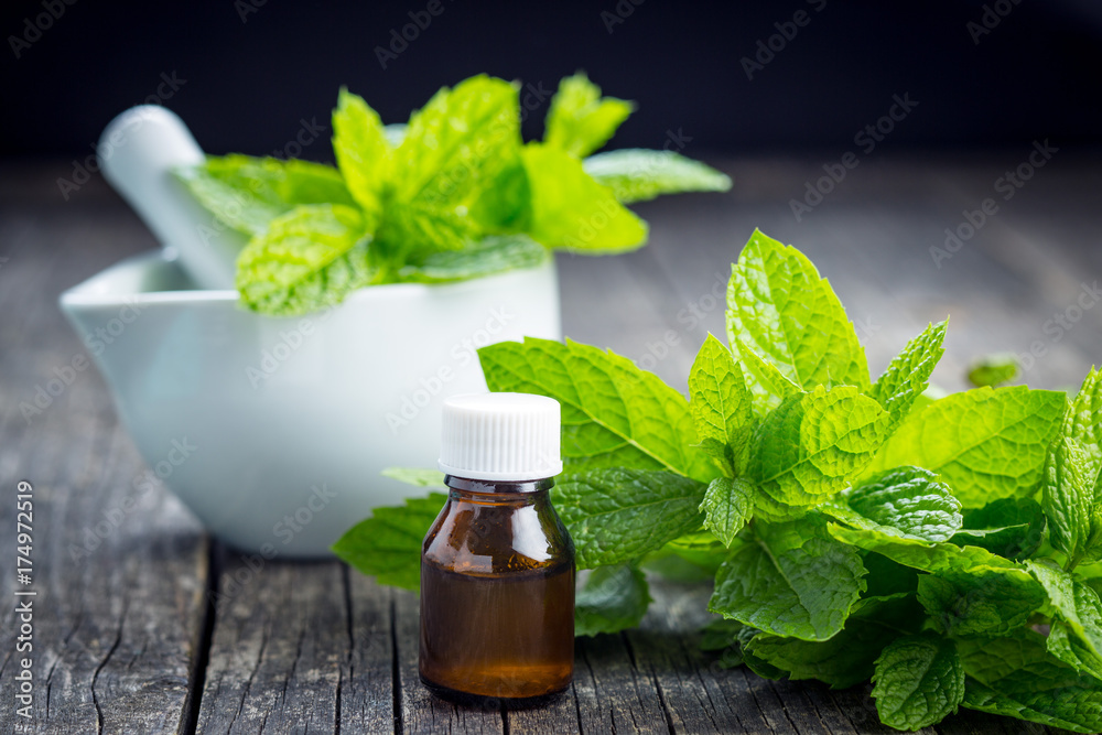 Bottle of essential mint oil. Bottle of essential mint oil.