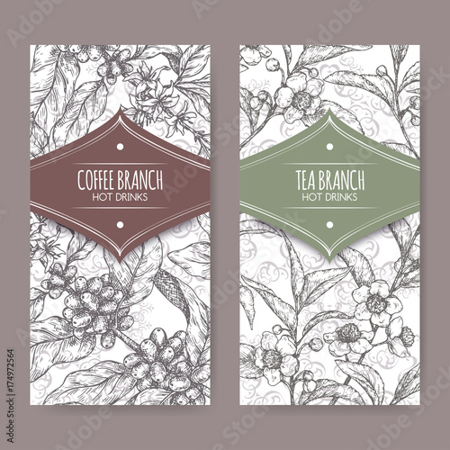 Set of two labels with tea and coffee branch sketch. Hot drinks collection.