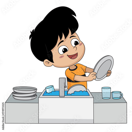 Kid help their parents wash dishes.