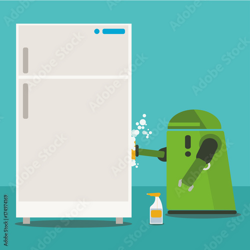 Domestic Robot cleaning white refrigerator with sponge and spray. Personal household robot futuristic concept illustration vector.