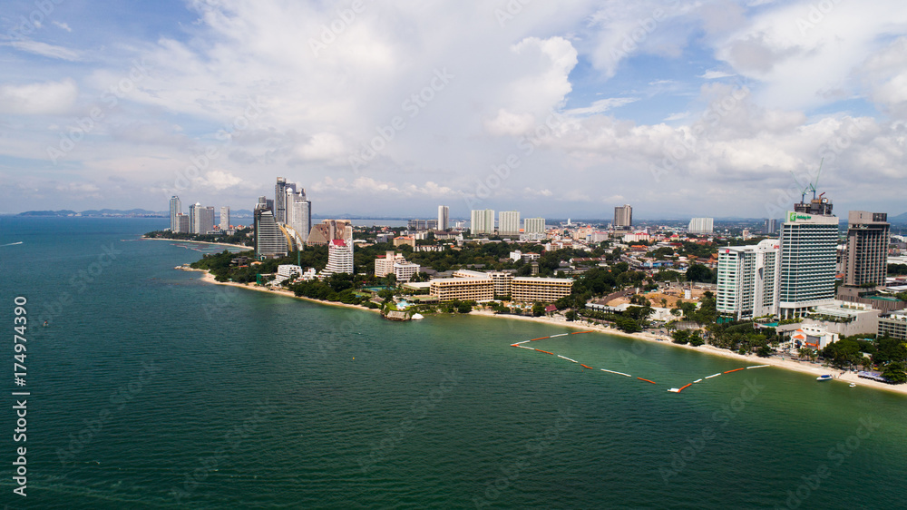 Skyline of Pattaya from aerial drone view, Pattaya city, Chonburi, Thailand