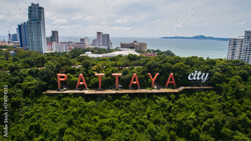 Aerial drone view of Pattaya City sign during beautiful summer day photo