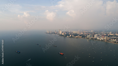 Skyline of Pattaya from aerial drone view, Pattaya city, Chonburi, Thailand