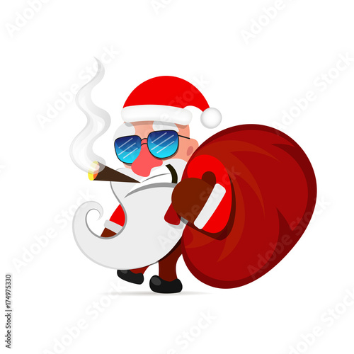 Santa Claus pulls a heavy bag full of gifts on winter landscape background.