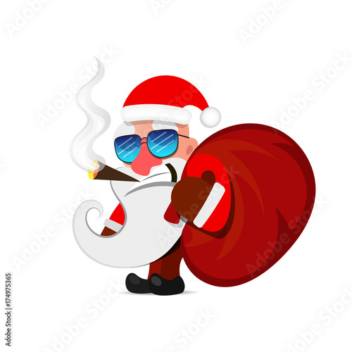 Santa Claus pulls a heavy bag full of gifts on winter landscape background.