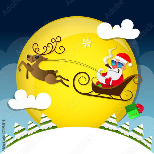 Santa Claus pulls a heavy bag full of gifts on winter landscape background.
