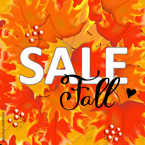 Autumn sale background layout decorate with leaves for shopping sale or promo poster and frame leaflet or web banner. Hand lettering Vector illustration