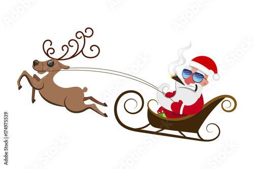 Santa Claus pulls a heavy bag full of gifts on winter landscape background.