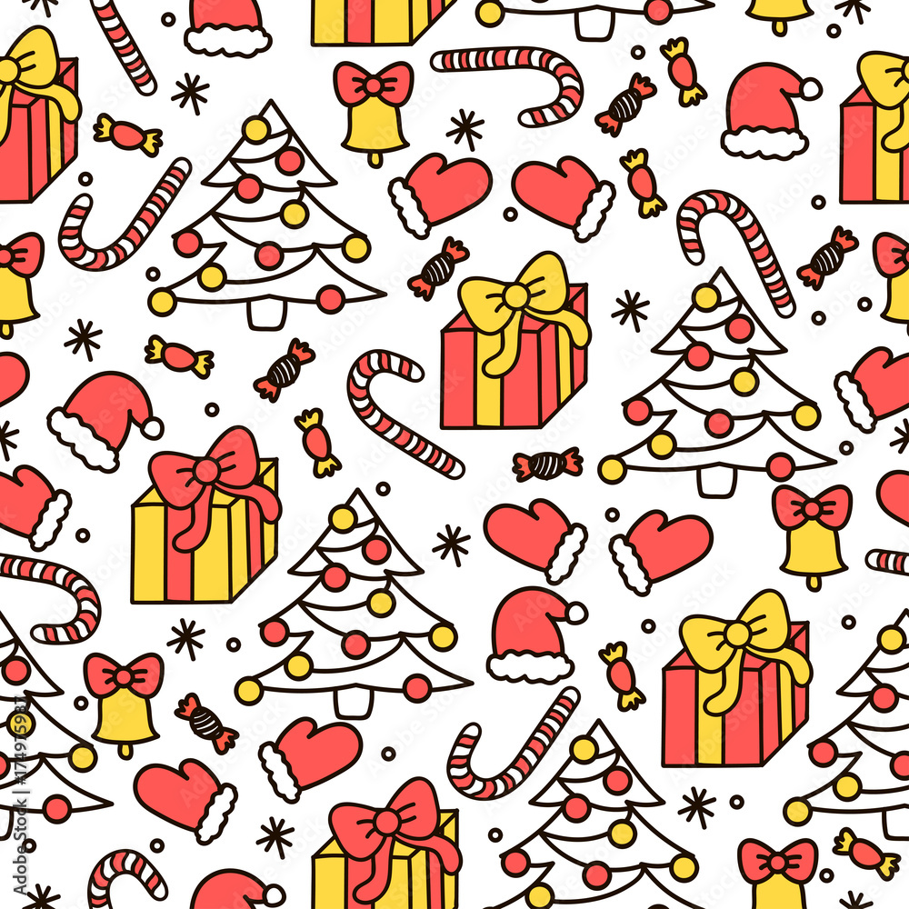 Happy New Year. Vector background with gifts, lollipops, candys, xmas tree and bell. Hand drawn pattern with holiday design element. Happy New Year. Vector background with gifts, lollipops, candys, xmas tree and bell. Hand drawn pattern with holiday design element.