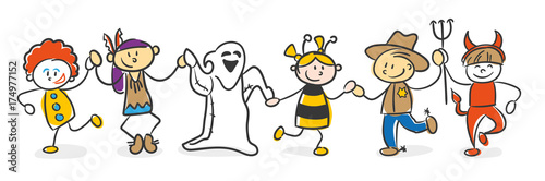 Strichfiguren Kinder bunt Karneval Halloween Verkleidung