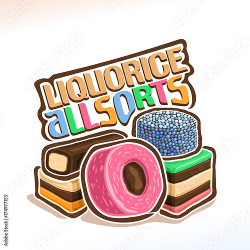 Vector logo for english candies Liquorice Allsorts, original typography typeface for colorful words liquorice allsorts, illustration of pile multicolored sweet licorice all sorts, yummy jelly sweets.