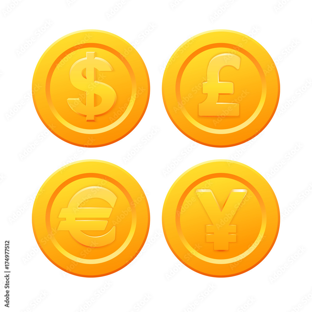 Set of stylized golden coin with currency symbols: dollar, euro, pound and yen signs. Stock vector illustration Set of stylized golden coin with currency symbols: dollar, euro, pound and yen signs. Stock vector illustration