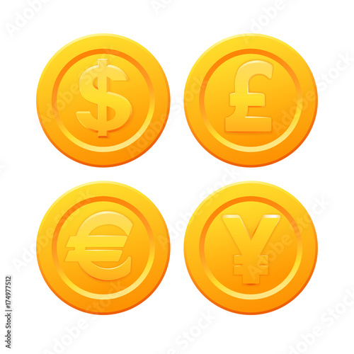 Set of stylized golden coin with currency symbols: dollar, euro, pound and yen signs. Stock vector illustration