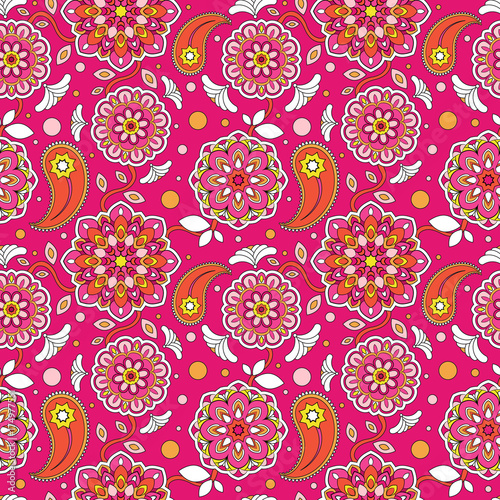 Colorful seamless pattern. Beautiful floral motif. Background in oriental style. The template for printing on fabric. Texture of mandalas on a red backdrop.